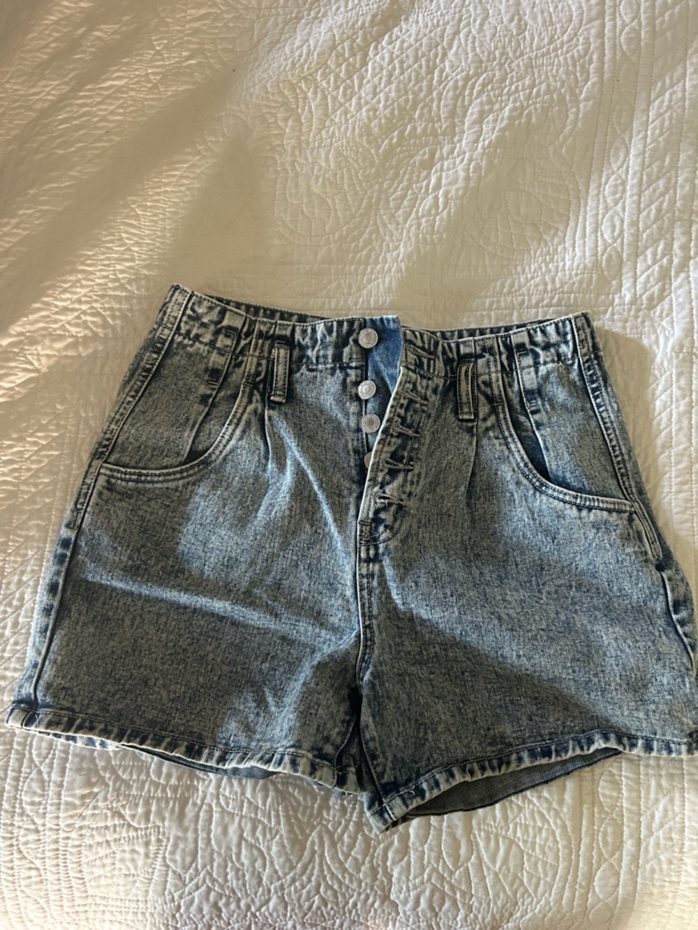 High-Rise Light Blue Denim Shorts with Button Front
